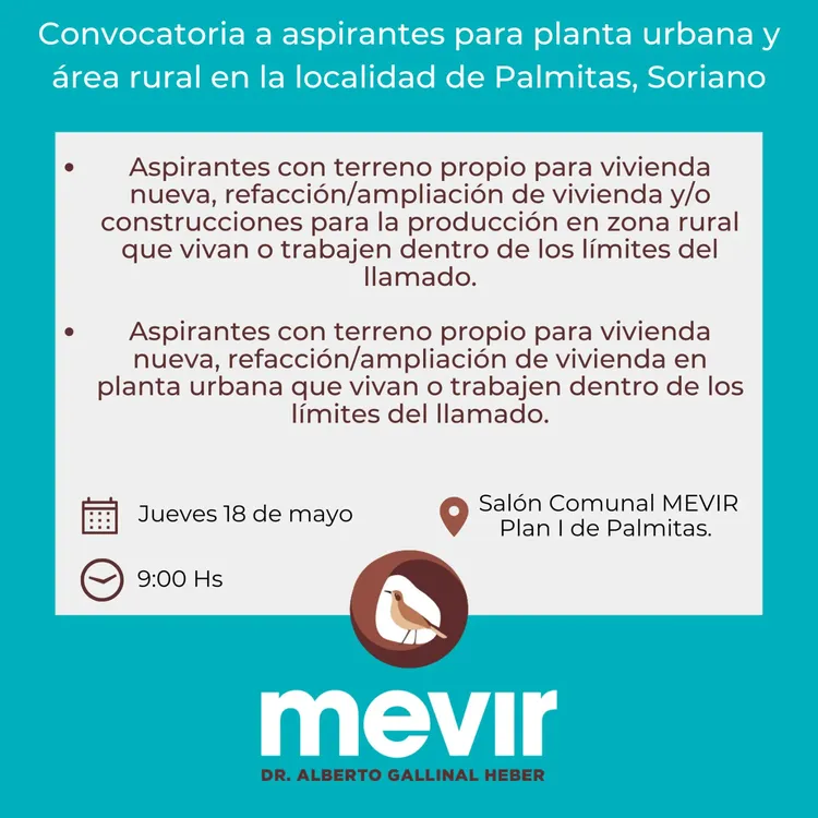 MEVIR PALMITAS CONVOCATORIA ASPIRANTES 2023